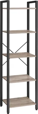 A tall, narrow, five-shelf bookshelf with a metal frame and wooden shelves, shown against a white background.