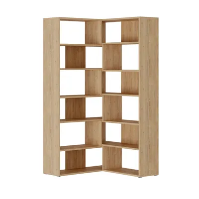 A corner bookshelf unit against a white background.