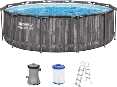 Produktbild von Bestway® Steel Pro MAX™ Frame Pool-Set mit Filterpumpe Ø 366 x 100 cm, Holz-Optik (Mooreiche), rund