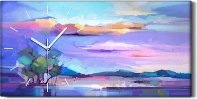Produktbild von Wohnzimmer-Bild Leinwand Uhr Geräuschlos 60x30 Bäume malen Wasser Himmel bunte - weiße Hände