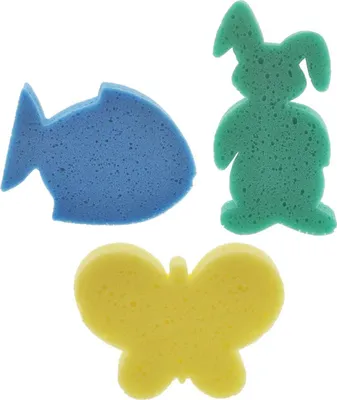 Produktbild von Buntes 3er Set Kinderbadeschwämme: Schmetterling gelb, Hase grün, Fisch blau - Weiche Duschschwämme für spassige Badezeit