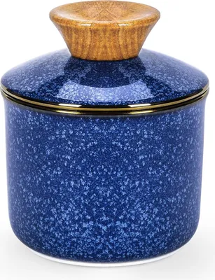 Produktbild von Butterdose mit Deckel - Keramische Butterkugel - Hält Butter frisch, weich und streichfähig - Französische Butterhalter mit Wasserlinie - Reaktives Glasur Blau
