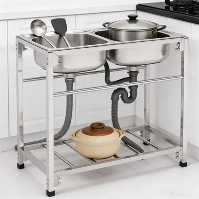 Produktbild von Edelstahl Spülbecken gewerblich - Doppelbecken freistehend - 304 Stahl - Ohne Armatur - 1 Hahnloch - Für Küche Garage Laden - 83×44×77 cm