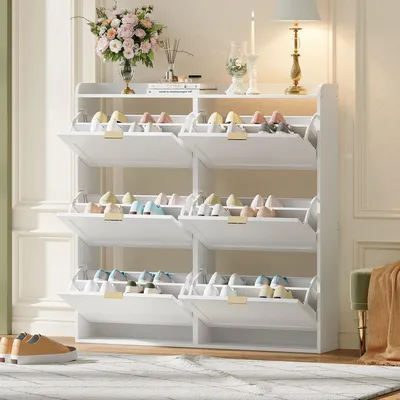 Zdjęcie produktu dla Szafka na buty Merax wąska, szafka na buty z 6 klapami, zamknięta półka na buty do przedpokoju, szafka na buty, komoda na buty, 120 x 23 x 118 cm, biała