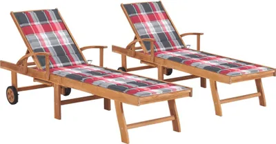 Produktbild von Sonnenliegen 2 Stk. Auflagen Rotes Karomuster Massivholz Teak