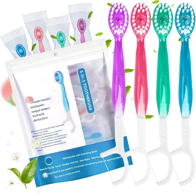 Produktbild von Mini Zahnbürsten 5-in-1 mit Zahnpasta, Zungenreiniger, Zahnstocher, 26 Stück, für unterwegs