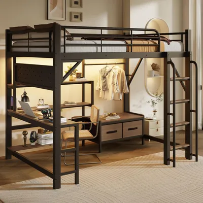 Produktbild von Merax Etagenbett Hochbett 140x200 cm, Metallrahmen Kinderbett mit Schreibtisch, LED-Lichtleiste, USB-Anschluss, Lochwand, 2 Stoffschubladen, Schwarz