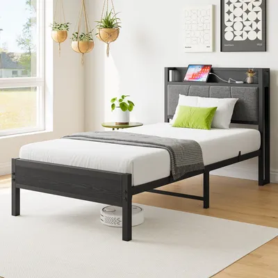 Produktbild von MODFU Metallbett Jugendbetten 90 x 200 Bettgestell mit Hohem Kopfteil Jugendbett mit Lattenrost,Steckdose und USB-Ladefunktion,Ohne Matratze, Schwarz