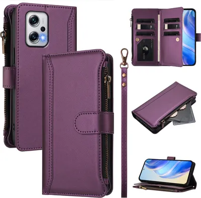 Produktbild von Handyhülle für Xiaomi Poco X4 GT/Redmi Note 12T Pro Reißverschluss Geldbörse Kunstleder Klapphülle mit Kartensteckplatz, Ständer, Handschlaufe Lila