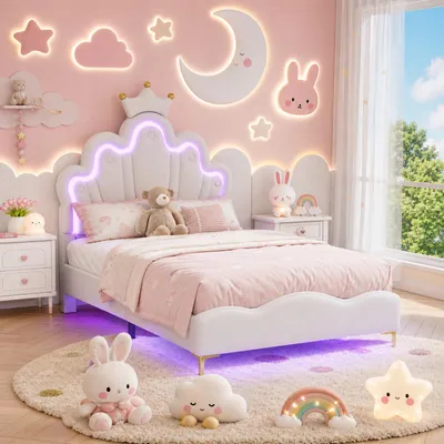 Produktbild von INONEFT Kinderbett 90 x 200 cm, Polsterbett für Mädchen, Prinzessinnenbett mit verstellbarem LED-Kopfteil, Einzelbett mit Lattenrost, PU, weiß
