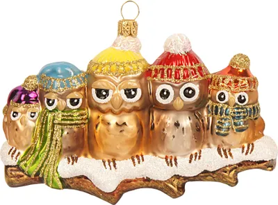 Produktbild von Christbaumschmuck Glas Eulen mit Mützen auf Ast 13cm braun / bunt