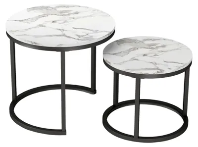 Produktbild von Couchtisch 2er Set Kleiner Beistelltisch Marmor Weiß Rund für das Wohnzimmer