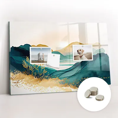 Imagen del producto de Pizarra magnética de pared, con superficie de vidrio y diseño arqueado. Incluye 5 imanes. Dimensiones: 60x40 cm. Diseño: paisaje montañoso