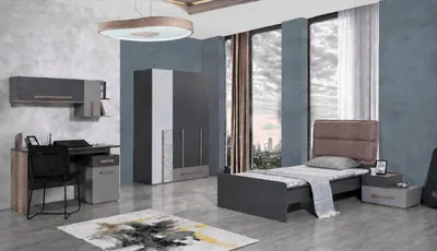 Immagine prodotto di Letto singolo, letto per ragazzi, grigio, legno, testiera imbottita, design moderno