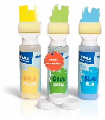Produktbild von Straßenmalkreide Roller Set mit 3 leuchtenden Farben - Bunter Malspaß ohne Kreideflecken für Kinder ab 3 Jahren - Outdoor Kreidefarben zum Rollen