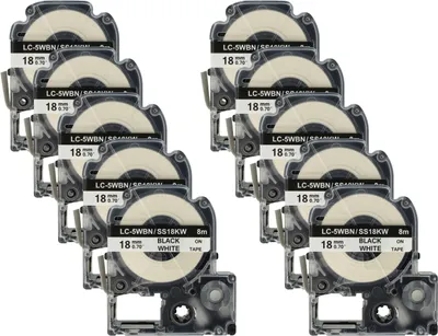 Produktbild von vhbw 10x Schriftband-Kassette Ersatz für Epson SS18KW, LC-5WBN für Etiketten-Drucker 8m x 18mm Schwarz auf Weiß