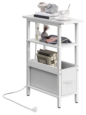 Image de Table d'appoint avec station de recharge, table de chevet avec tiroir, table basse pour petits espaces, blanche, 50,5 x 20 x 63 cm