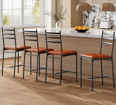Produktbild von 4er Set Barhocker Braun mit Metallrückenlehne und Fußstütze, Industrielle Tresenhocker für Küche, Theke und Hausbar