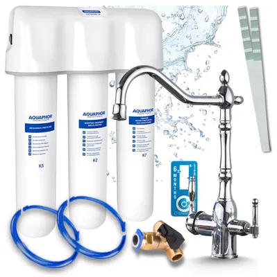 Produktbild von Aquaphor Kristall A Wasserfiltersystem Mit Ari Retro 2 3-Wege-Küchenarmatur Chrom, Untertischfilter K2 K5 K7, Trinkwasser 2 L/Min