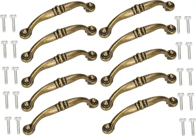 A set of ten antique-style drawer pulls and their accompanying screws, arranged in two columns on a white background.