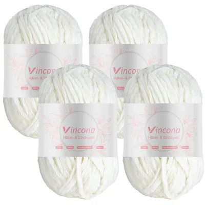 Produktbild von Chenille Wolle zum Häkeln und Stricken 4 x 100g Cremeweiß 100% Polyester 4 x 120m Nadelstärke 5-6