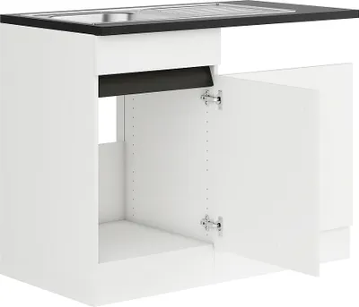 A white kitchen sink cabinet with the doors open, showing the interior.