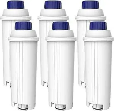Six white coffee machine water filter cartridges with blue caps are arranged in two rows on a white background.
