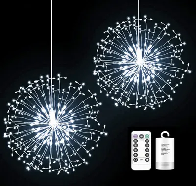Image de 2 pièces de feux d'artifice Guirlande lumineuse à piles, éclairage de Noël avec télécommande, décoration de Noël, blanc froid