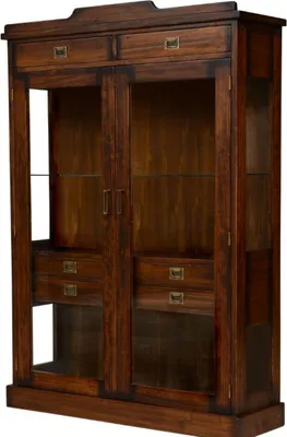 Image de Casa Padrino Luxe Style Vintage Vitrine Marron / Laiton 120 x 37 x H. 171,5 cm - Armoire vitrine en bois massif avec 2 portes vitrées et 6 tiroirs - Meubles en bois massif - Meubles de style vintage - Meubles de luxe