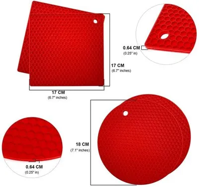 Productafbeelding van Ibenzoa® Siliconen onderzetter set – hittebestendig van -105°F tot 446°F | 4 ronde onderzetters Ø18 cm + 4 vierkante onderzetters 17,3x17,3 cm, antislip, rood, met lepelhouder en handgreepbeschermer