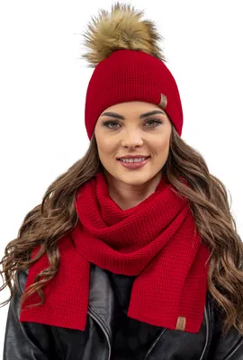 Produktbild von Vivisence damen bommelmütze und schal set warm kopfbedeckung und halsbedeckung an winter und herbst warm dick, wintermütze mit bommel, winterset für frauen, hergestellt in der eu, rot, einheitsgröße