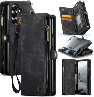 Obrázek produktu pro Pouzdro pro Samsung Galaxy Z Fold 7, Vintage Multifunkční Kožené Pouzdro s Přihrádkami na Karty a Zipem černé