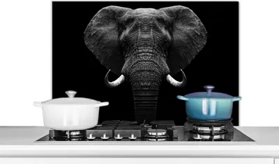 Produktbild von KitchenYeah®  Spritzschutz Küche - Küchenrückwand - Wandschutz für Herd und Spüle - Tiere - Elefant - Porträt - Schwarz - Weiß 90x60 - Alu-Dibond (Alternative zum Spritzschutz aus Glas) - Hitzebeständ