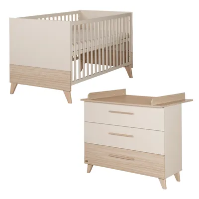 Produktbild von roba Babymöbel Set 2-teilig Sidney - Kinderbett 70 x 140 cm umbaubar + Wickelkommode mit 3 Schubladen - Griffe & Füße aus Massivholz - Beige / Eiche