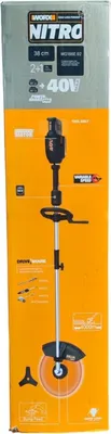 The image shows the packaging of a WORX Nitro WG186E.92 Akku Rasentrimmer, with a depiction of the product on the front.
