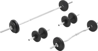 A collection of weightlifting equipment including barbells and dumbbells.
