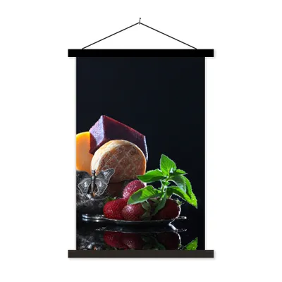 Produktbild von MuchoWow® Textilposter Rustikal - Obst - Käse - Tisch - Stilleben 60x90 cm mit schwarzem Rahmen - Poster Wohnzimmer
