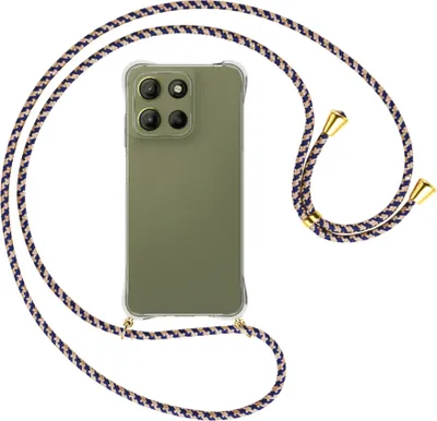 Produktbild von Handykette Backcover-Schutzhülle mit Band (Metall goldfarben) für Motorola Moto G15 - blau+beige