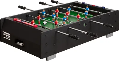 A black Bandito foosball table with red and blue players, a white soccer ball, and a score counter.