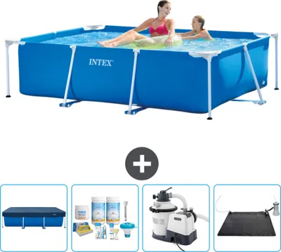 Produktbild von Intex-Schwimmbecken mit rechteckigem Rahmen – 220 x 150 x 60 cm – Blau – im Lieferumfang enthalten Abdeckung - Wartungspaket - Filterpumpe für Schwimmbad - Solarmatte