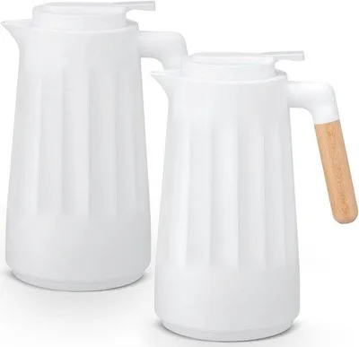 Produktbild von 2 Stück 1 Liter Glas-Thermoskan - Doppelwandig Vakuum - Glasbeschichtung - Holzgriff - Hält Heiß oder Kalt - für Kaffee - Tee - Zubehör - Camping - Wasserkocher - Milch - Weiß
