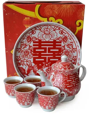 Produktbild von Chinesisches Tee-Geschenkset Porzellan Teekanne mit 4 Tassen und Tablett für Teezeremonie