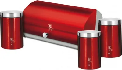 A red bread bin and three matching storage canisters are arranged on a white background.