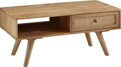 Produktbild von WOHNLING Couchtisch 90x40x45 cm Mango Massivholz / Rattan Wohnzimmertisch Rechteckig Holztisch mit Stauraum Sofatisch mit Schublade Tisch Wohnzimmer