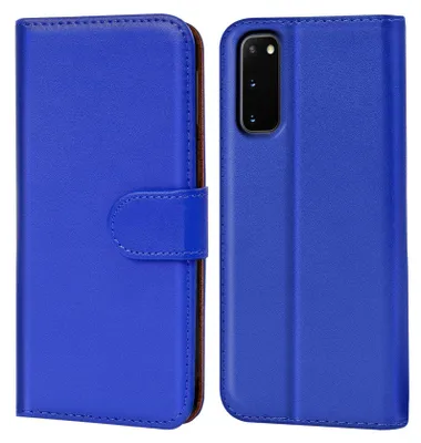 A blue flip case for a Samsung Galaxy S20 phone is shown from the front and back.