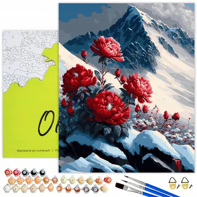 Produktbild von Oh Art! Malen Nach Zahlen Erwachsene 40 x 50 cm - Blumen Rote Pfingstrosen Im Schnee Berge - DIY Set: Leinwand Mit Rahmen, 28 Acrylfarben, 3 Pinseln