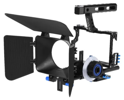 A camera rig kit with a matte box and follow focus.