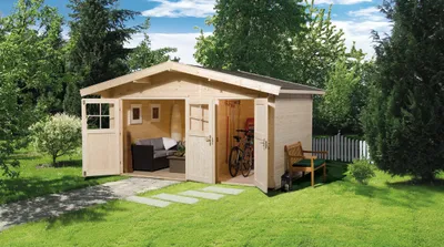 Produktbild von WEKA 261.4024.10.00 Gartenhaus/Blockbohlenhaus Hinterzarten  Nebenraum mit Einzeltür/Doppeltür ; Größe: 1 ; Farbgebung:  ; Wandstärke: 28 mm ; Maße (LxBxH): 400 cm x 305 cm x 262 cm ; Seitenwandhöhe: 210 cm