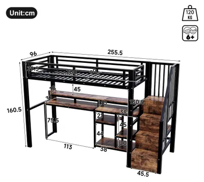 Zdjęcie produktu dla Łóżko piętrowe - metalowe - 90 x 200 cm - Wbudowana szafka z miejscem do przechowywania - Oszczędza miejsce - Bez materaca - Czarny