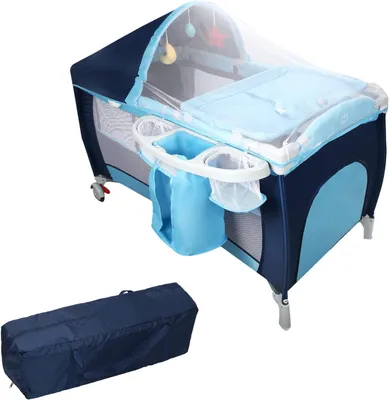 Produktbild von Faltbares 3-in-1-Babybett, 120 x 60 cm, als Reisebett mit Matratze und Wickeltisch, mit luftigen Seitenwänden und Tragetasche, für Babys bis 15 kg (Blau)